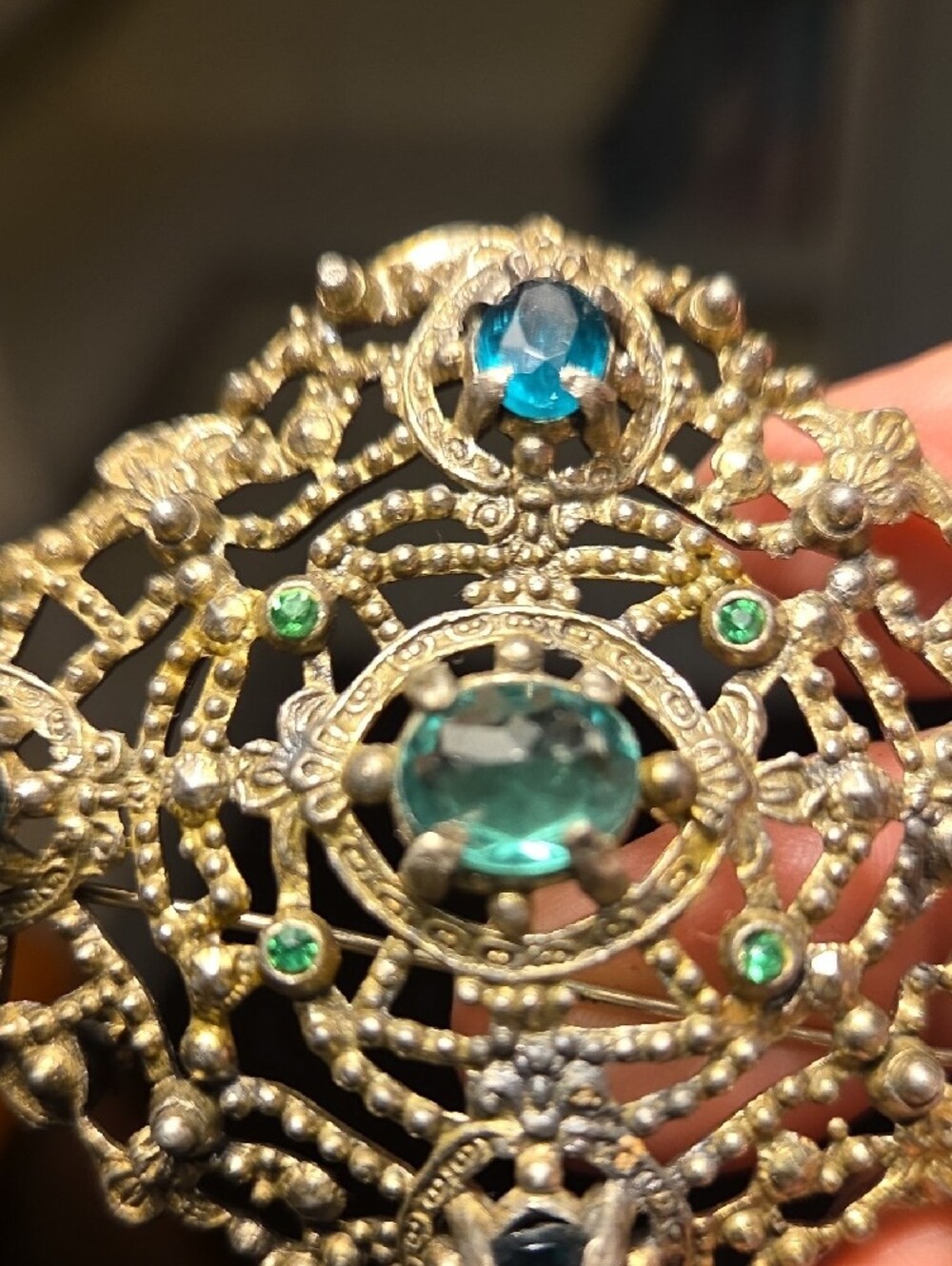 Vintage Czech Brass Filigree Brooch with Teal and Green Stones - Picture 6 of 8